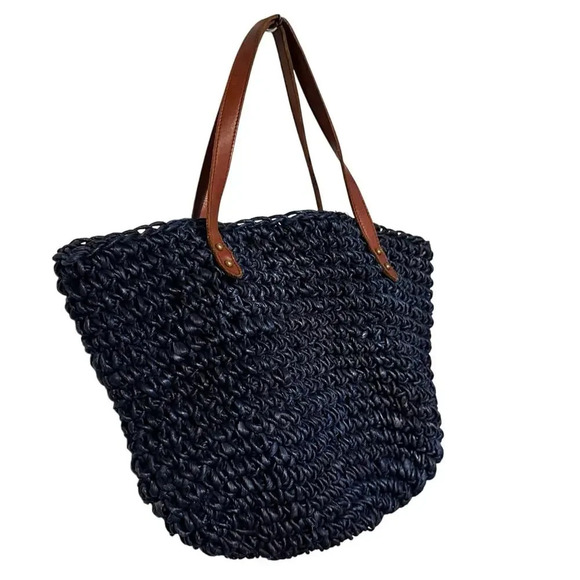 J. Jill Large Blue Woven Straw Hobo Handbag with‎ Brown Leather Straps - Picture 1 of 7